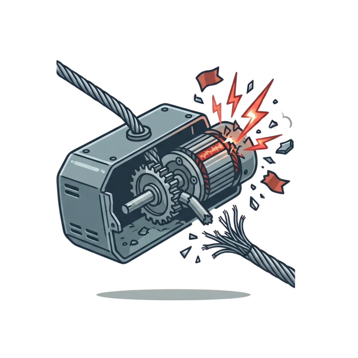 An animated illustration of a damaged electric motor with exposed gears and wires, sparking with red lightning and broken pieces.