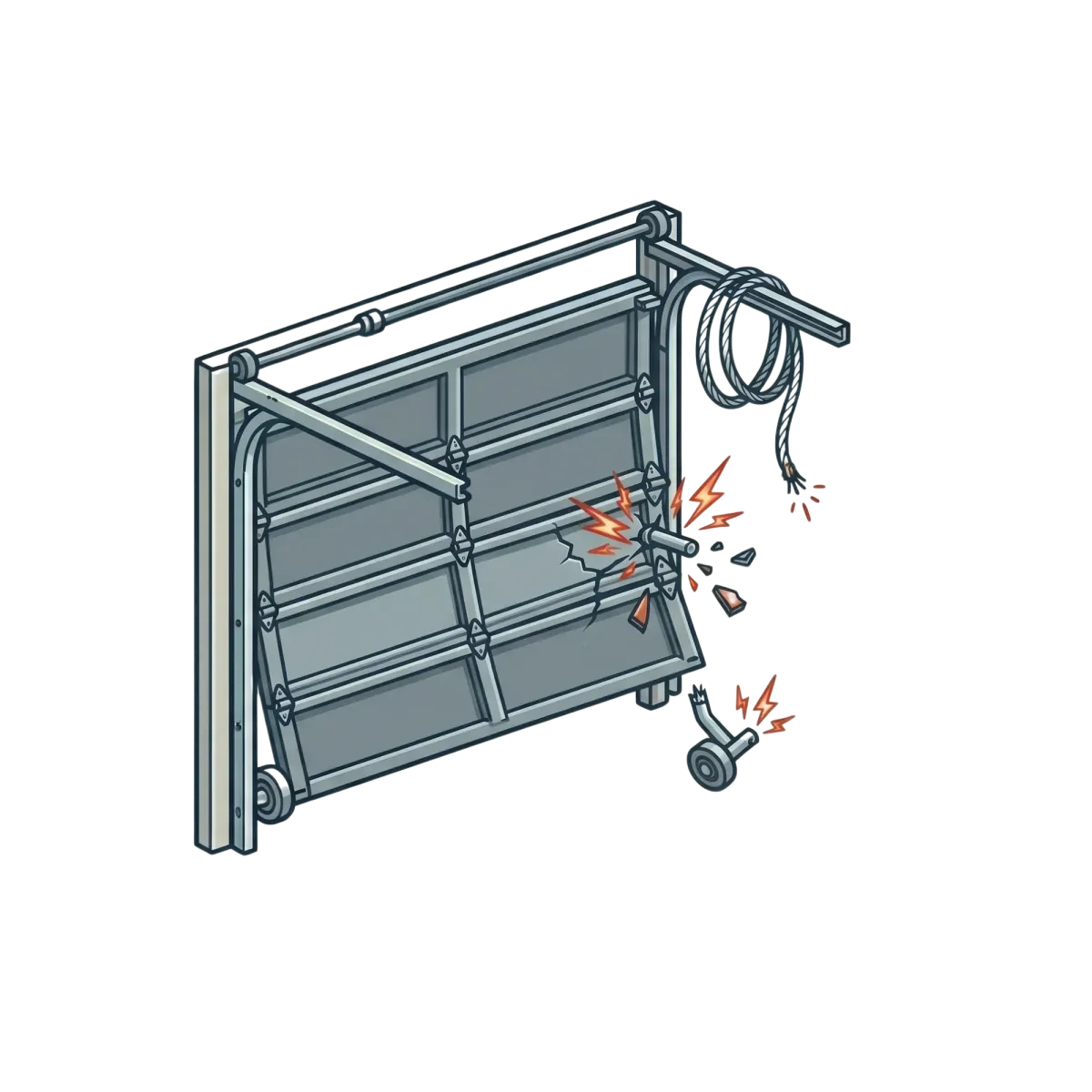 An isometric illustration showing a heavily damaged grey garage door with broken cables, cracks, and sparks.