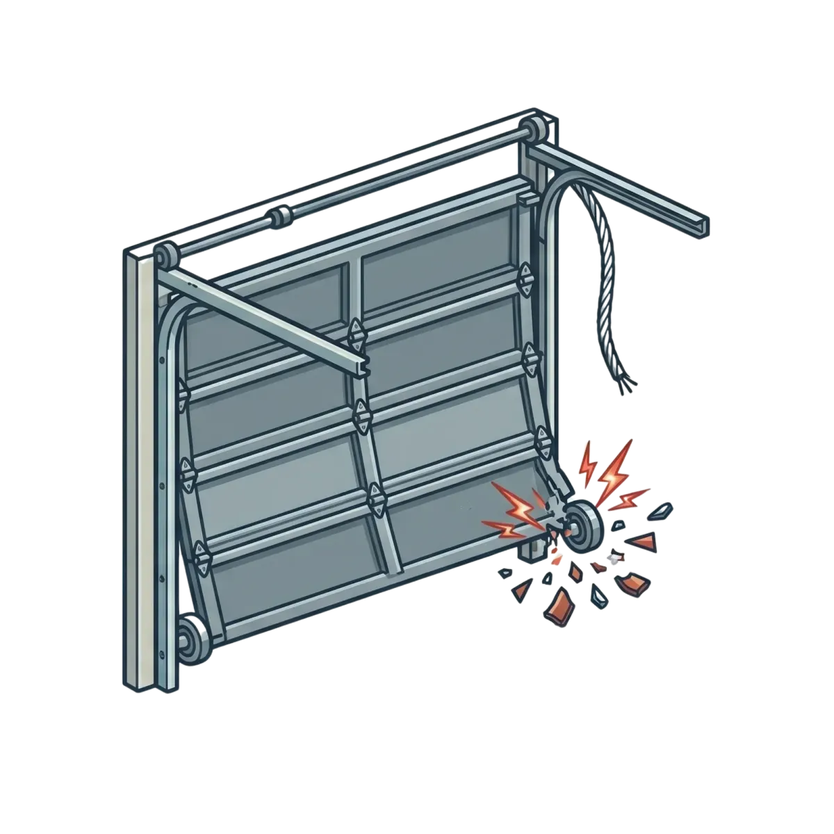 An illustration of a gray garage door with a broken roller and track, showing red sparks and shattered pieces.