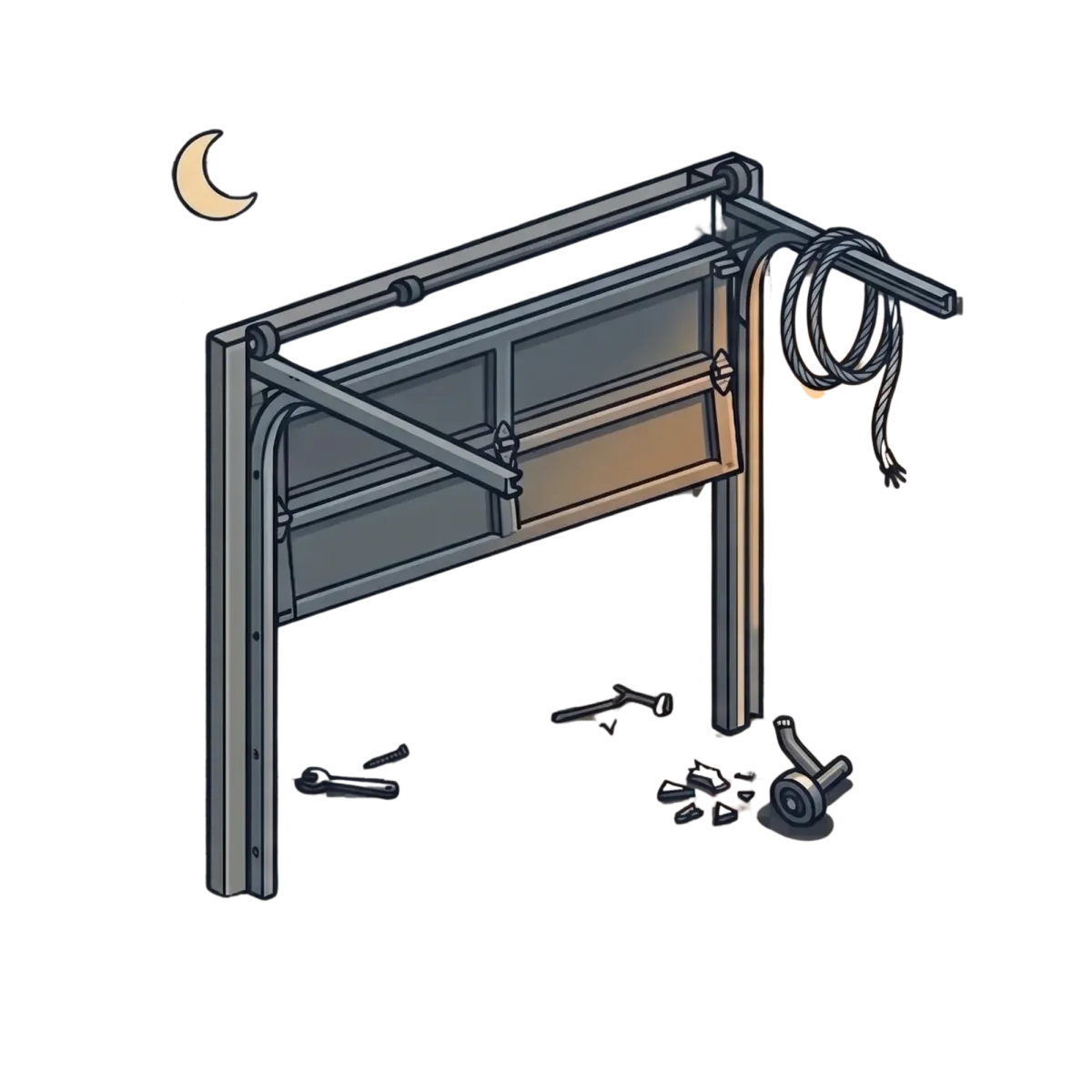 A broken garage door frame under a crescent moon, with detached panels and scattered debris on the dark ground.