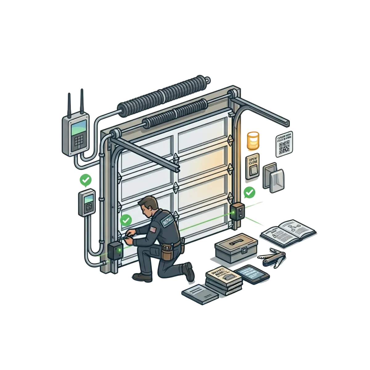 An isometric illustration depicts a technician installing safety sensors and smart components for a garage door opener.
