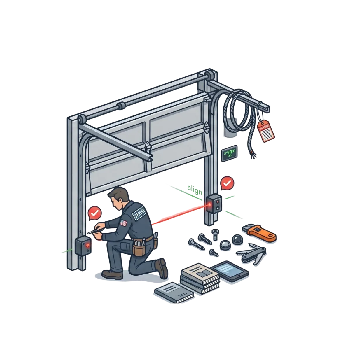 An isometric illustration depicts a technician kneeling to align garage door sensors, with a red laser beam visible between them.