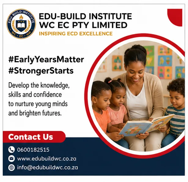 Edu-Build Institute logo and image of a teacher and child playing with blocks, promoting ECD courses and National Diploma.