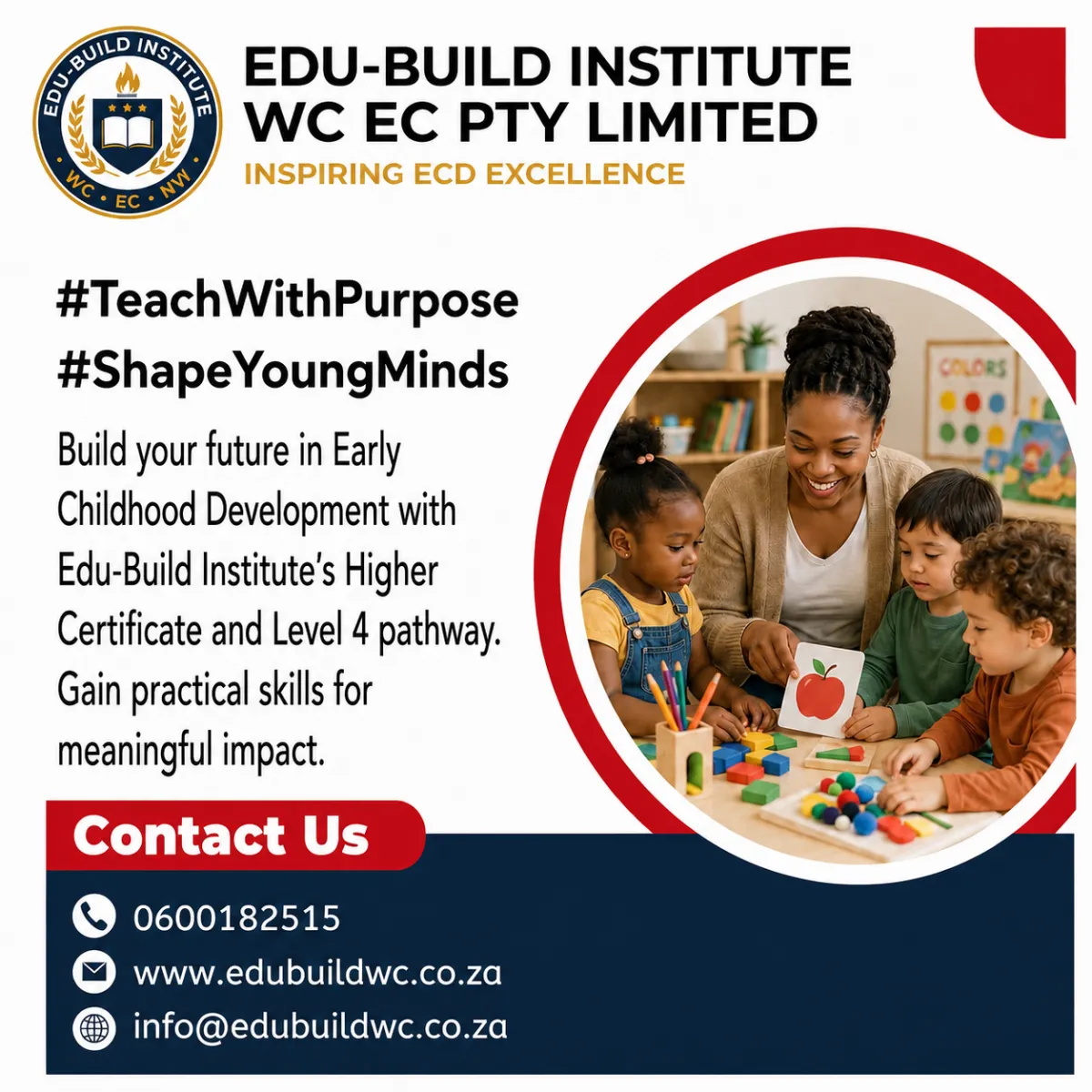 Edu-Build Institute logo and image of early childhood development with children playing and learning.