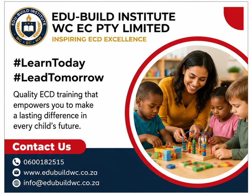 Edu-Build Institute WC, EC & NW logo and student in graduation cap holding NQF Level 5 Certificate.