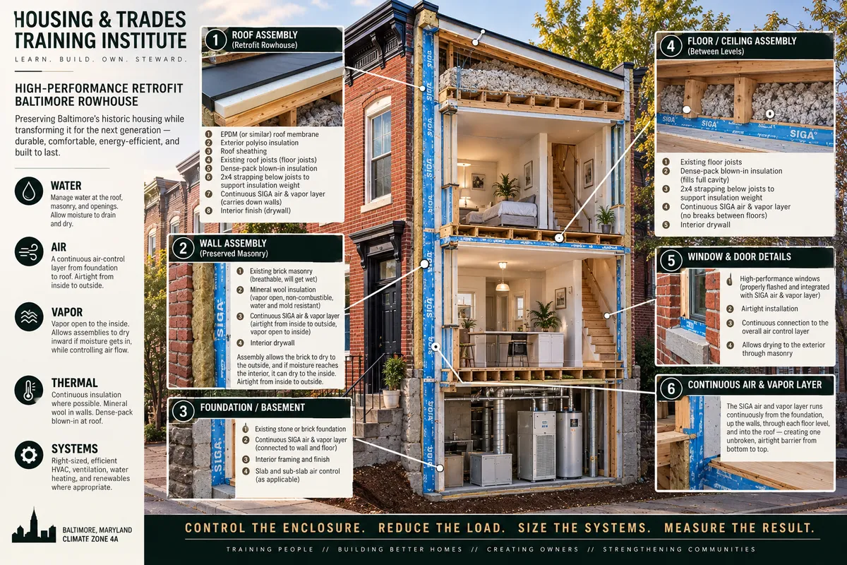 Active structural insulation and airtight membrane retrofit in rowhouse