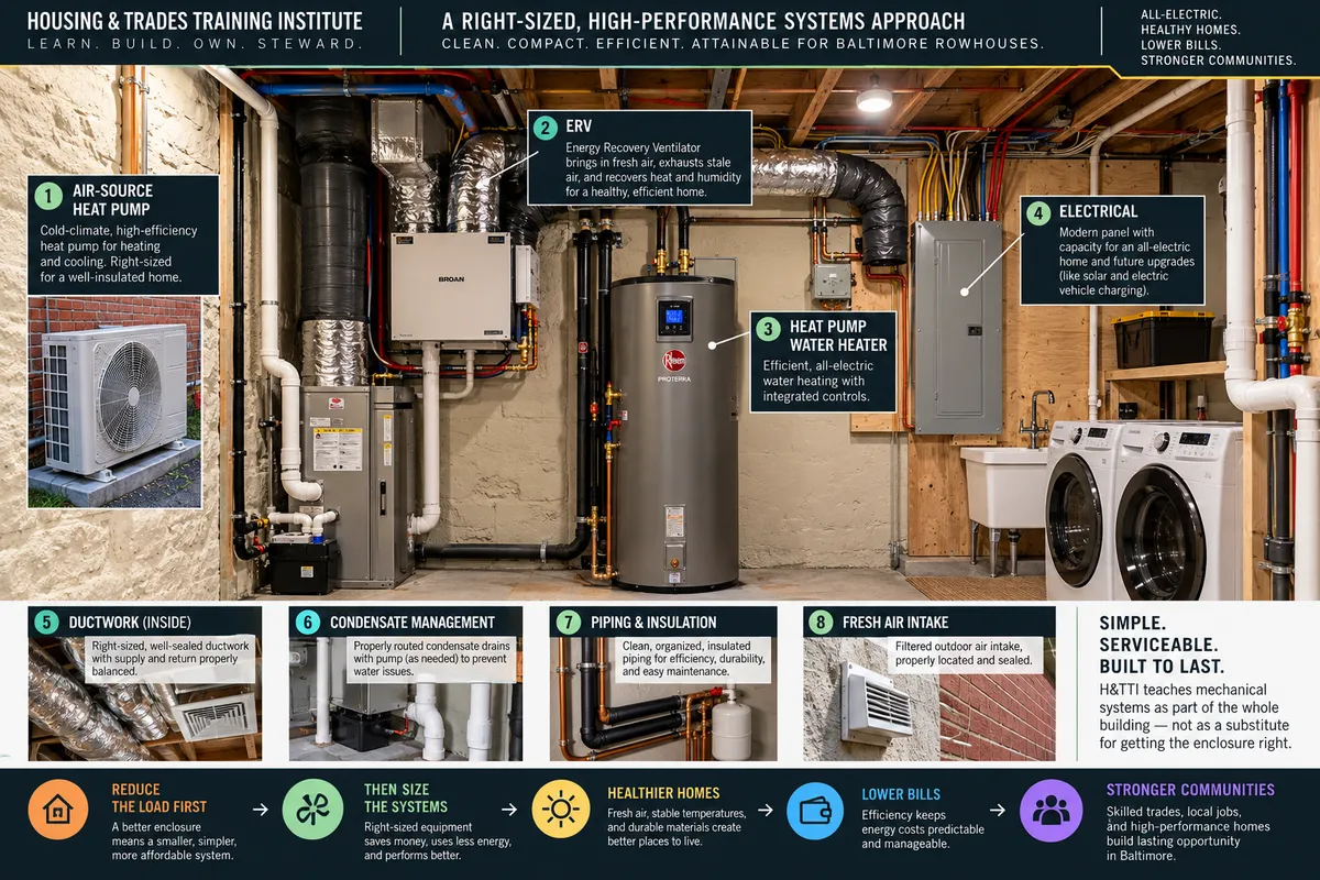 Technical diagram and installation photography of cold-climate heat-pump and Energy Recovery Ventilator (ERV) in rowhouse mechanical utility space