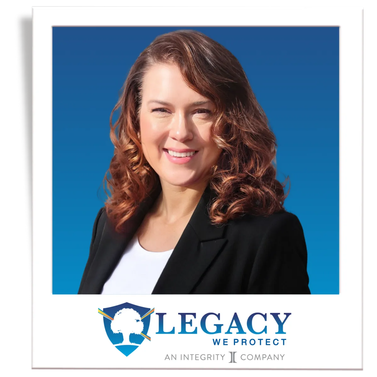 A picture of professional insurance agent, Noe Recendez. The picture is in the style of a polaroid. The insurance agent is wearing a dark grey men's blazer, a blue button down shirt, and a black tie. The agent is in front of a blue gradient background. 