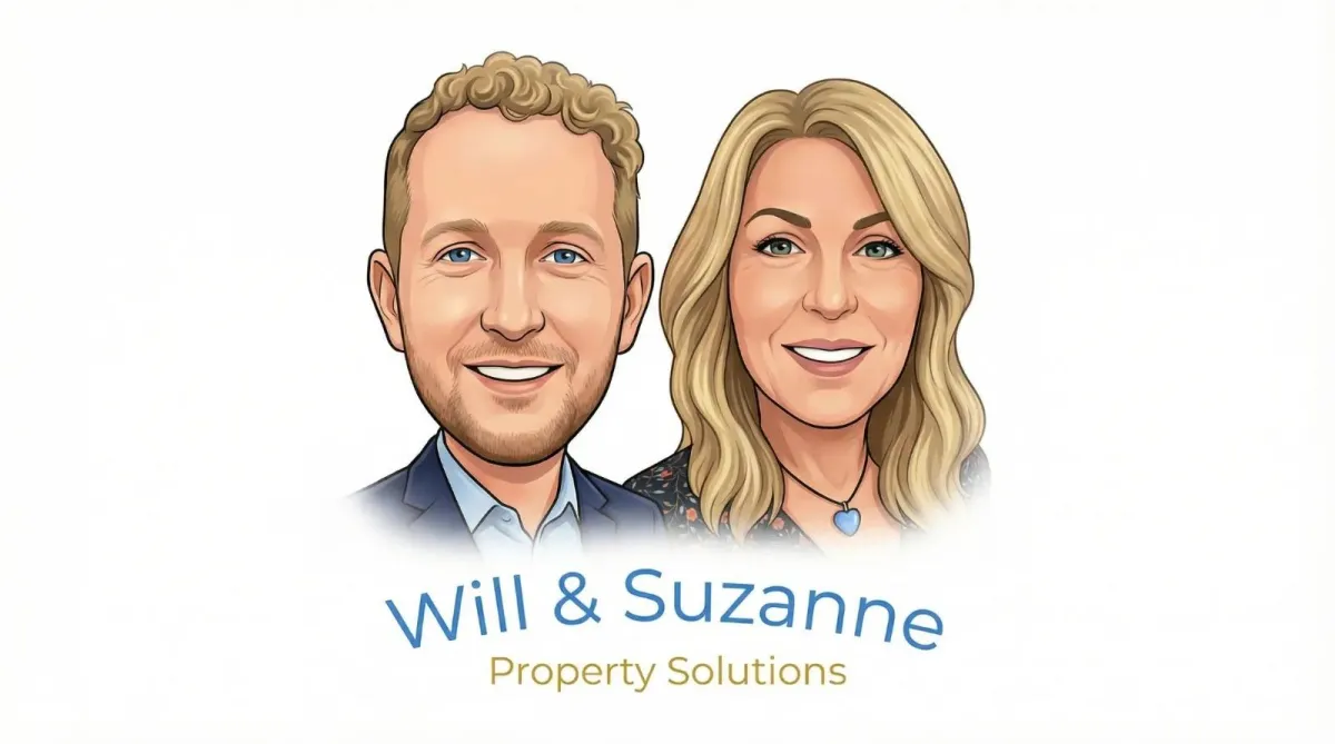 Calm illustration of Will and Suzanne standing together in front of a home