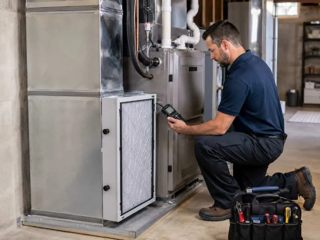 Technician inspecting an HVAC air filter and system for Indoor Air Quality Brigham, UT service