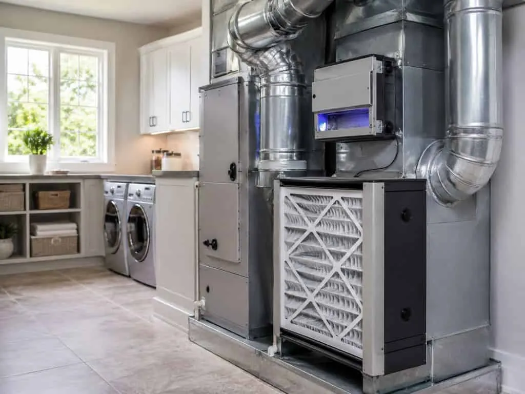 A residential HVAC system features a large air filter and air purification equipment, representing Indoor Air Quality Washington Terrace, UT solutions provided by One Hour Heating & Air Conditioning.