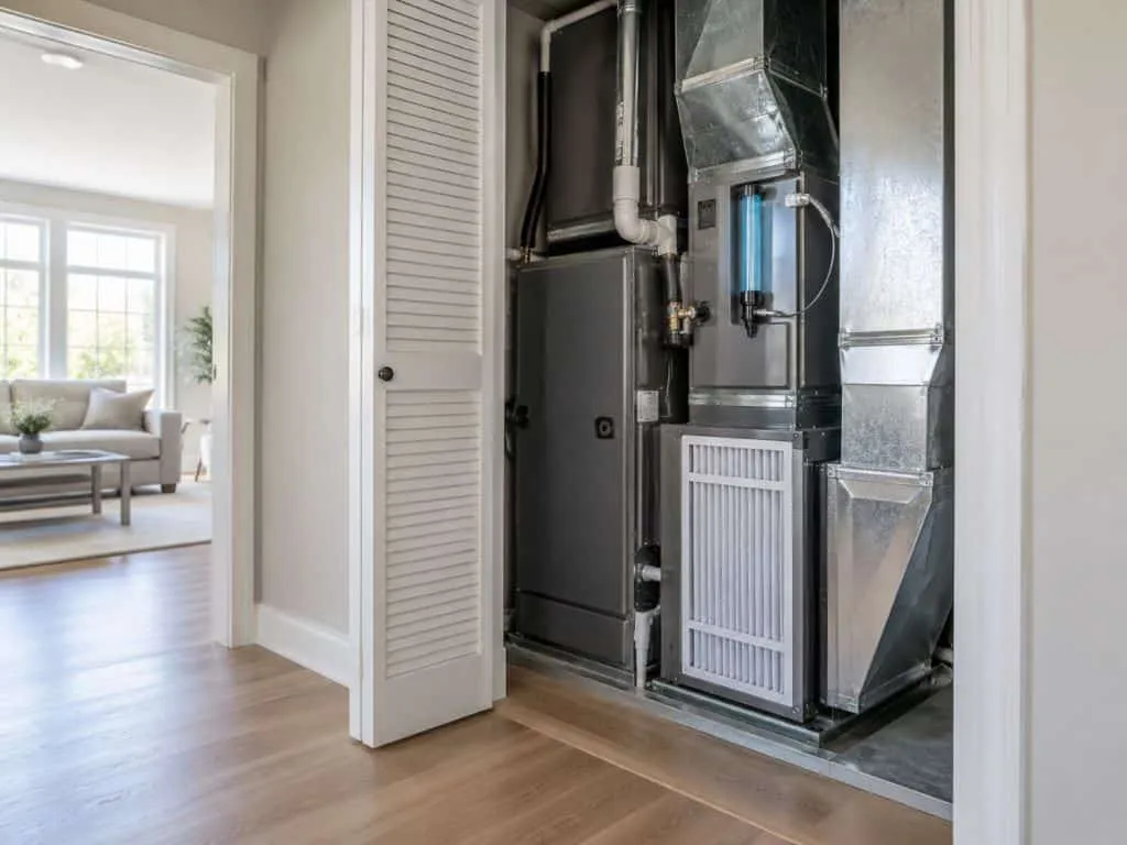A clean closet-mounted HVAC system with a high-efficiency filter and UV air purifier highlights Indoor Air Quality Tremonton, UT solutions offered by One Hour Heating & Air Conditioning.