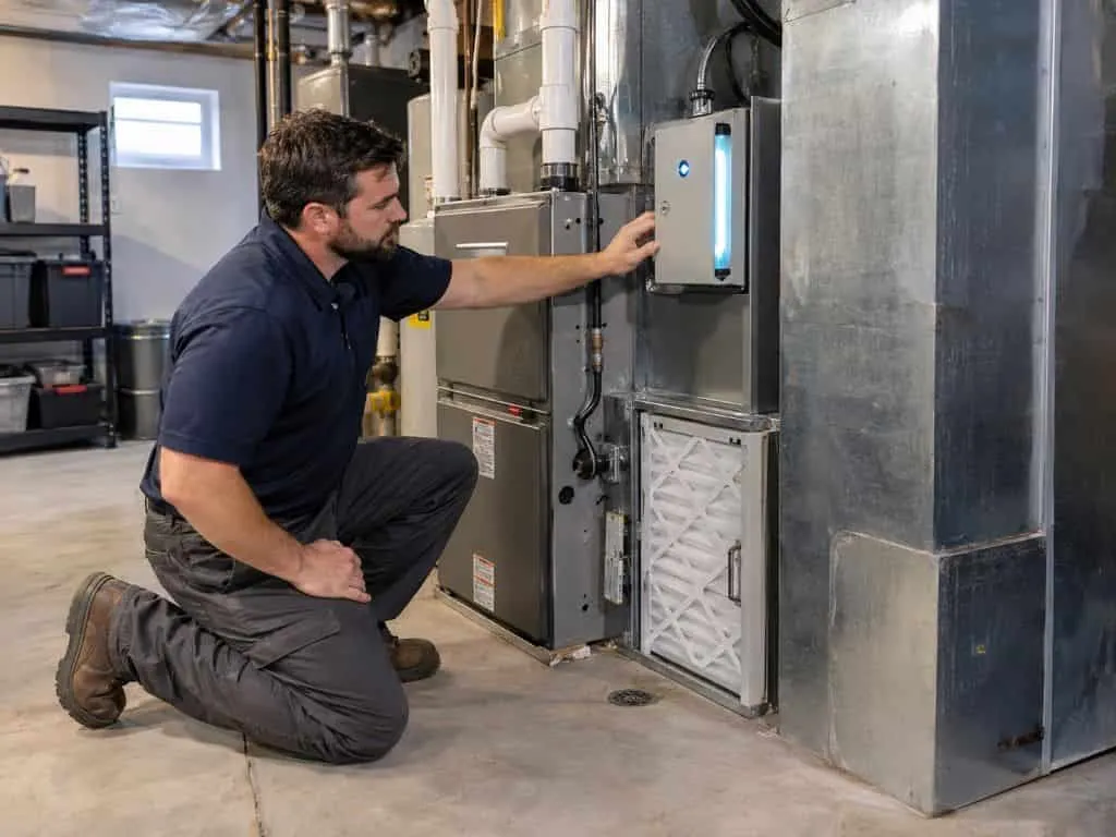 Technician servicing a UV air purifier and HVAC filter for Indoor Air Quality Tremonton, UT