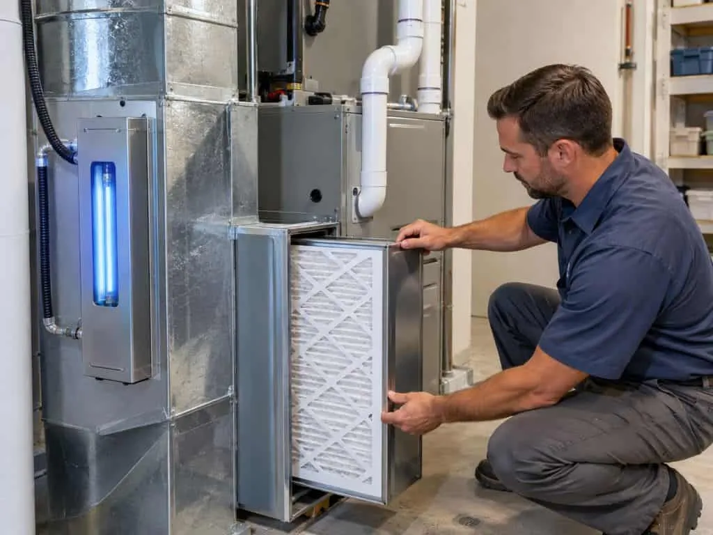 A technician installs a clean HVAC air filter next to a UV air purifier, highlighting Indoor Air Quality Syracuse, UT service from One Hour Heating & Air Conditioning for cleaner, healthier air.