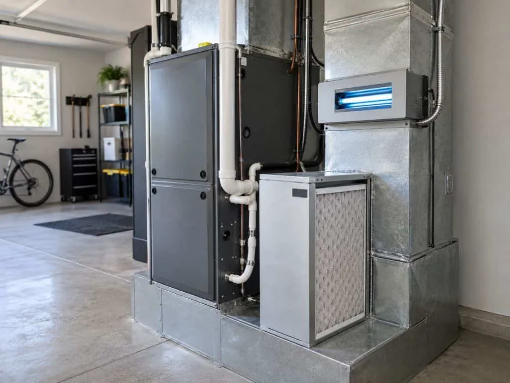 A clean whole-home HVAC setup with a media filter and UV air purifier represents Indoor Air Quality Syracuse, UT solutions offered by One Hour Heating & Air Conditioning in a residential utility space.