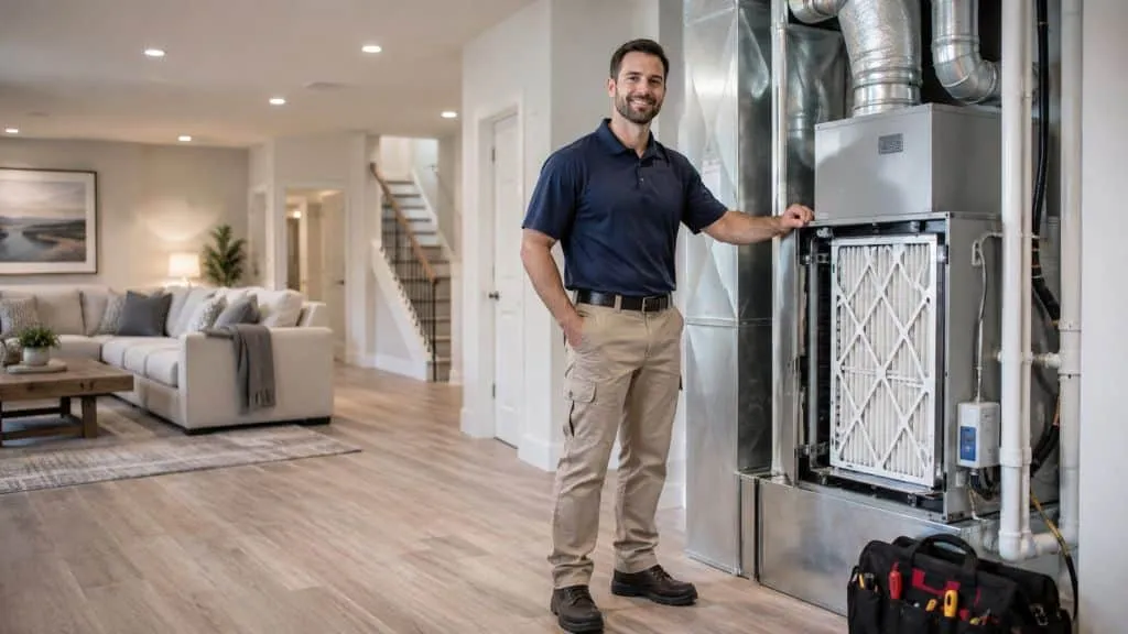 Technician beside an HVAC filter system for Indoor Air Quality Kaysville, UT service