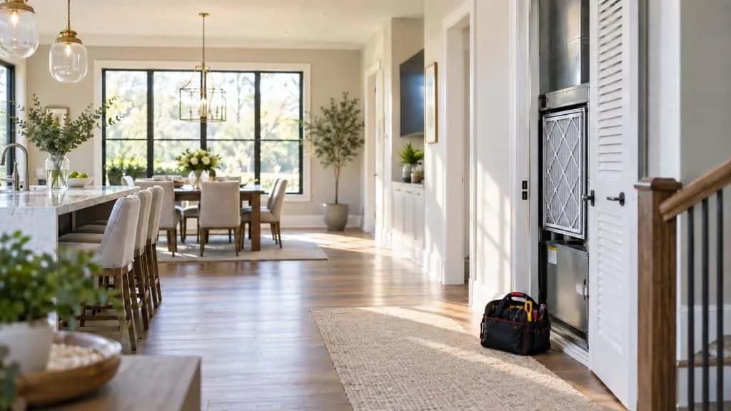 Whole-home air filter system in a living room for Indoor Air Quality Hooper, UT service