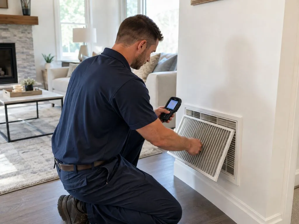 Technician inspecting a return vent for Indoor Air Quality Farmington, UT service