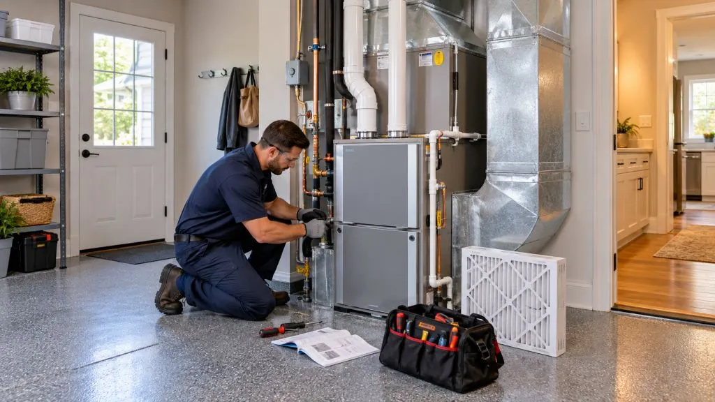 Technician installing a residential furnace for Heating System Installation Layton, UT