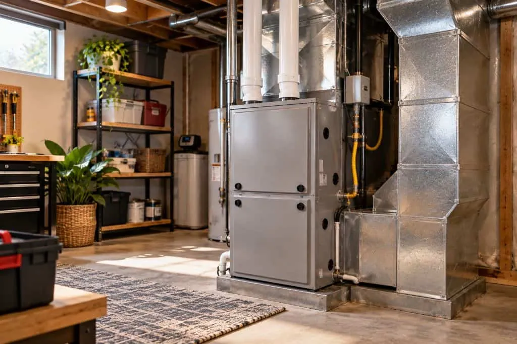 Residential furnace system in a basement for Heating Maintenance Layton, UT service