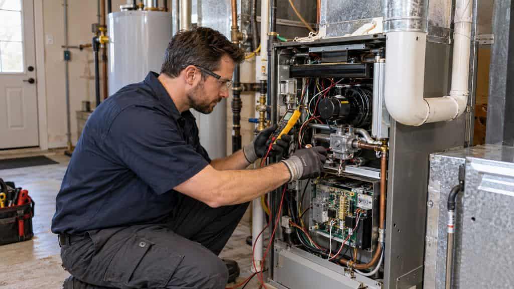 HVAC technician diagnosing an open furnace with a multimeter for Furnace Repair Roy, UT.