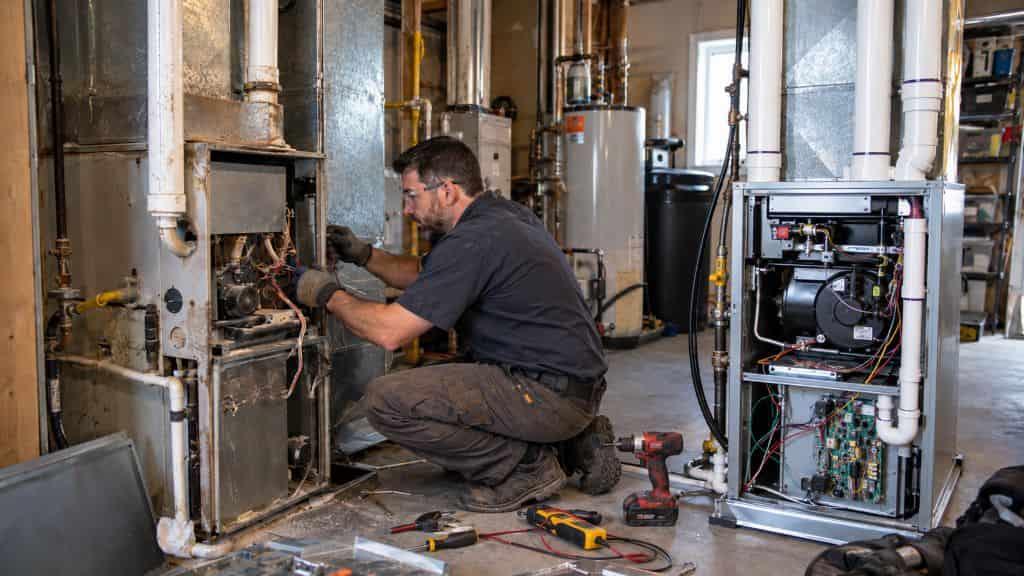 HVAC technician replacing an older furnace beside a new unit for Furnace Replacement Roy, UT.