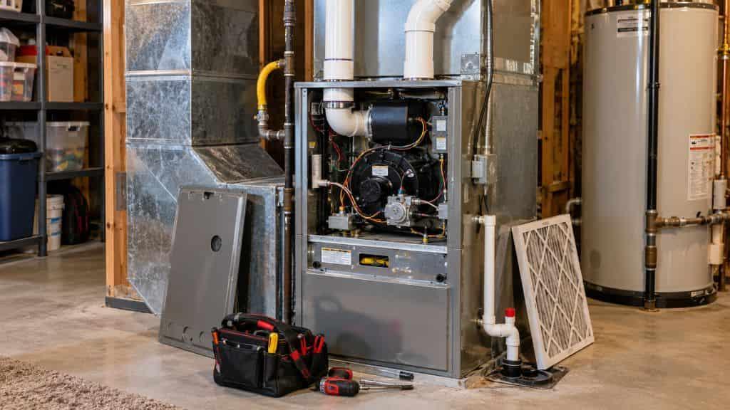 Open residential furnace with tools and filter for Furnace Tune-Up and Maintenance Roy UT.