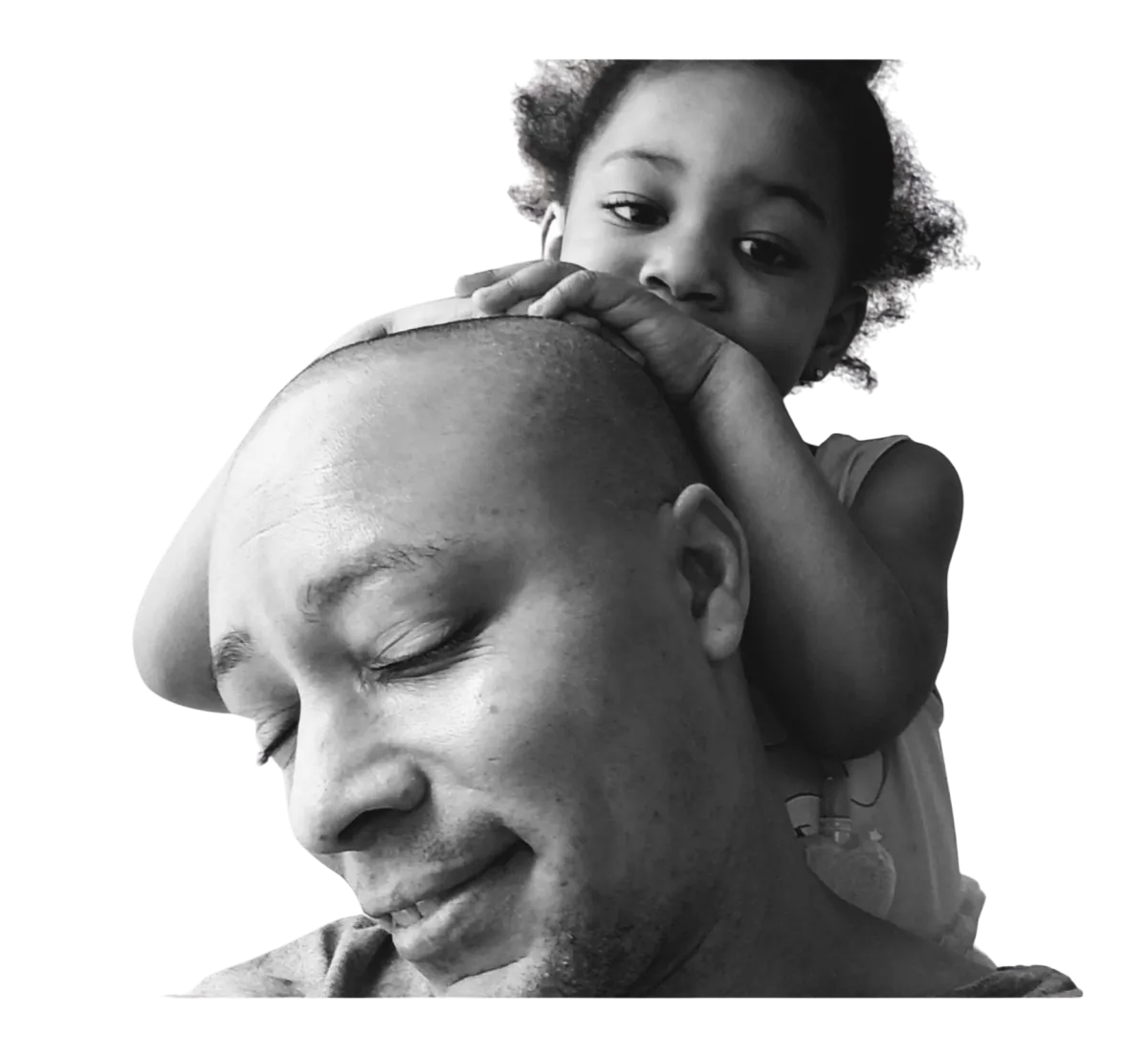 Black-and-white photograph of Alain Leroy smiling with his young daughter sitting on his shoulders.