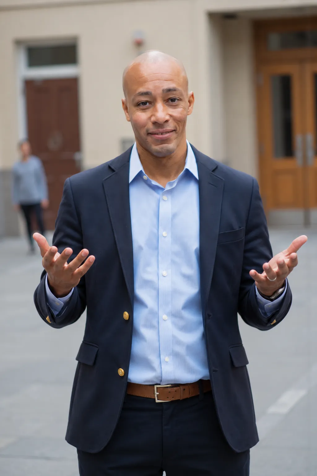 Black-and-white photograph of venture architect Alain Leroy standing and gesturing with both hands while speaking.