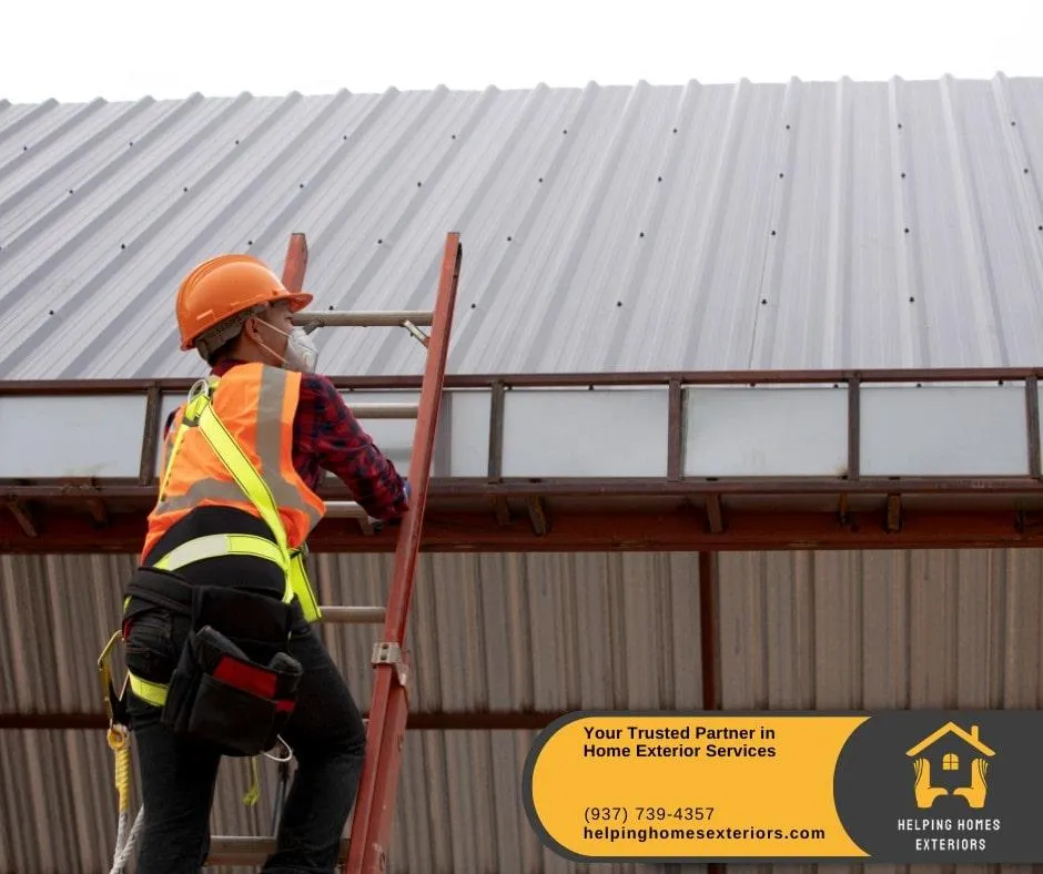 an expert roofer climbing a ladder