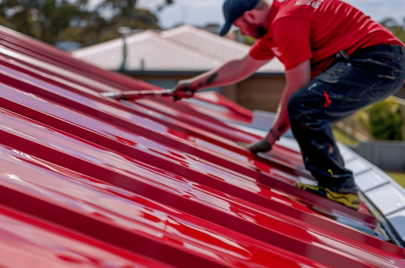 an expert roofer painting the roof red