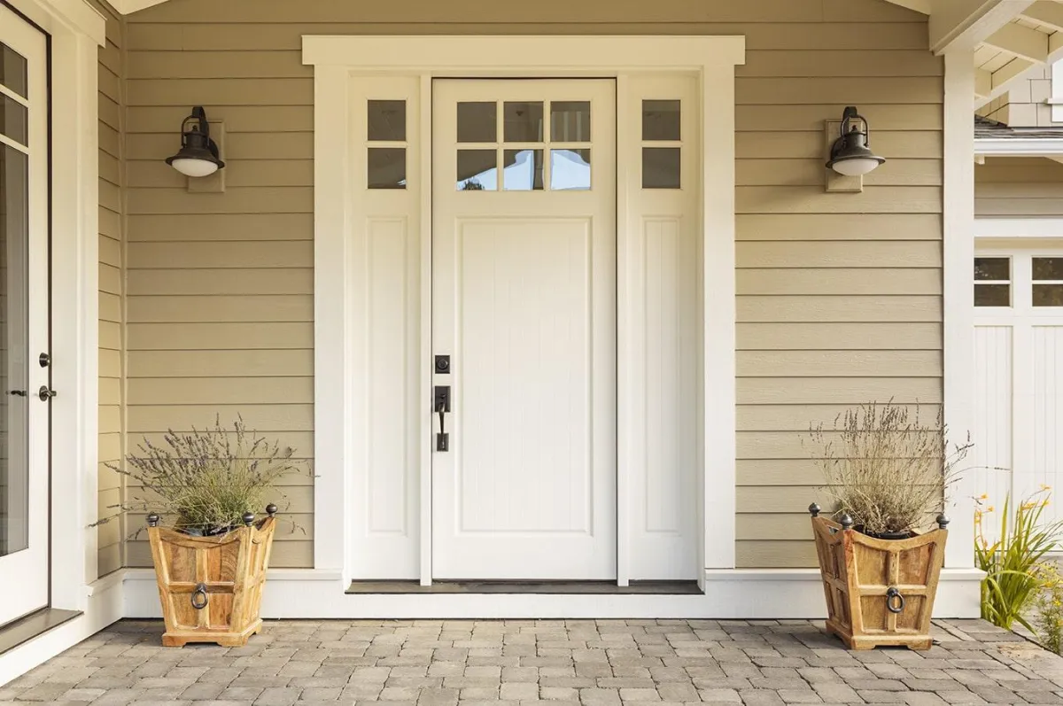 an entry door with white frame