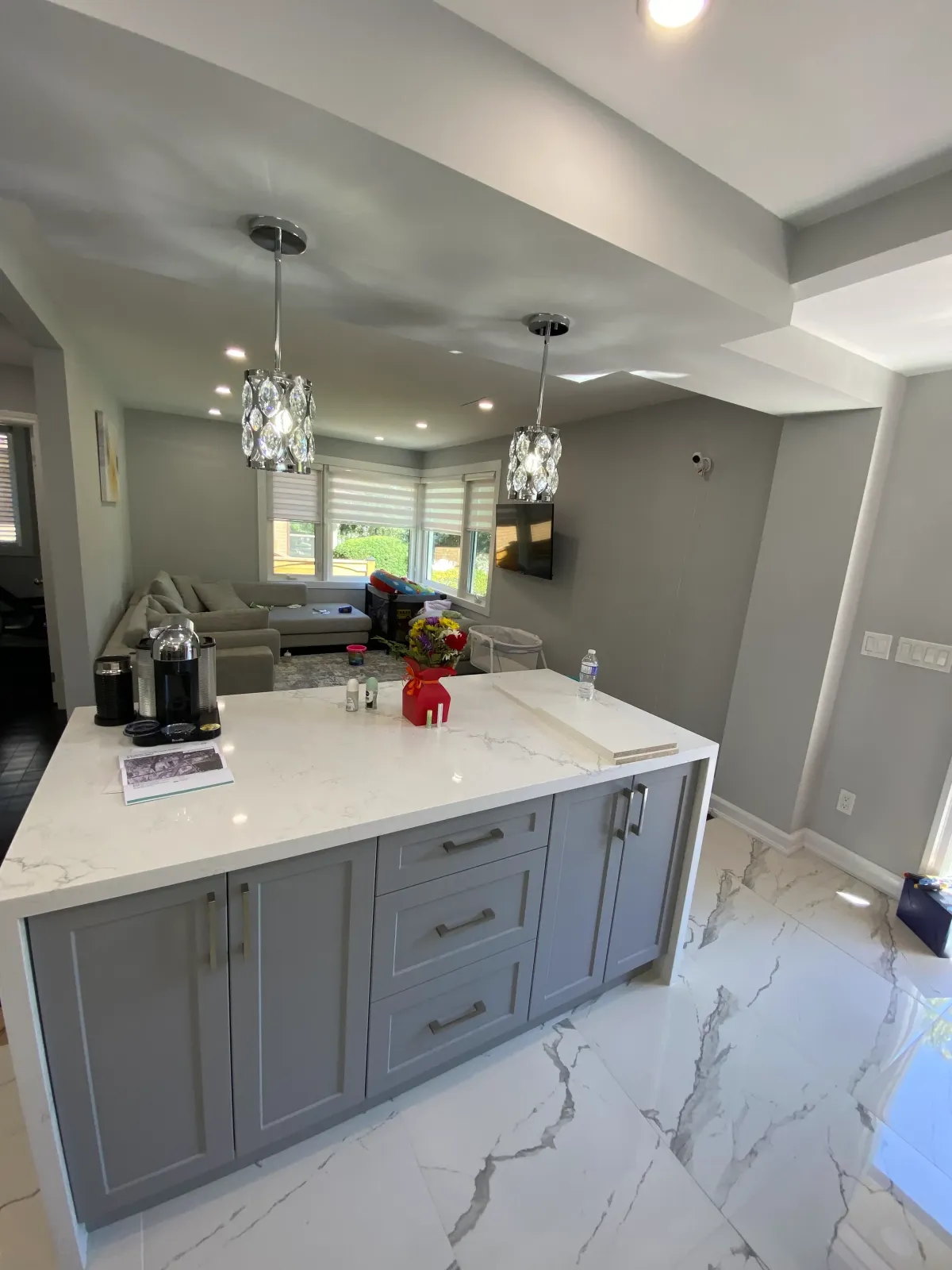Contemporary kitchen remodel in a Toronto house featuring custom cabinets and quartz countertops.