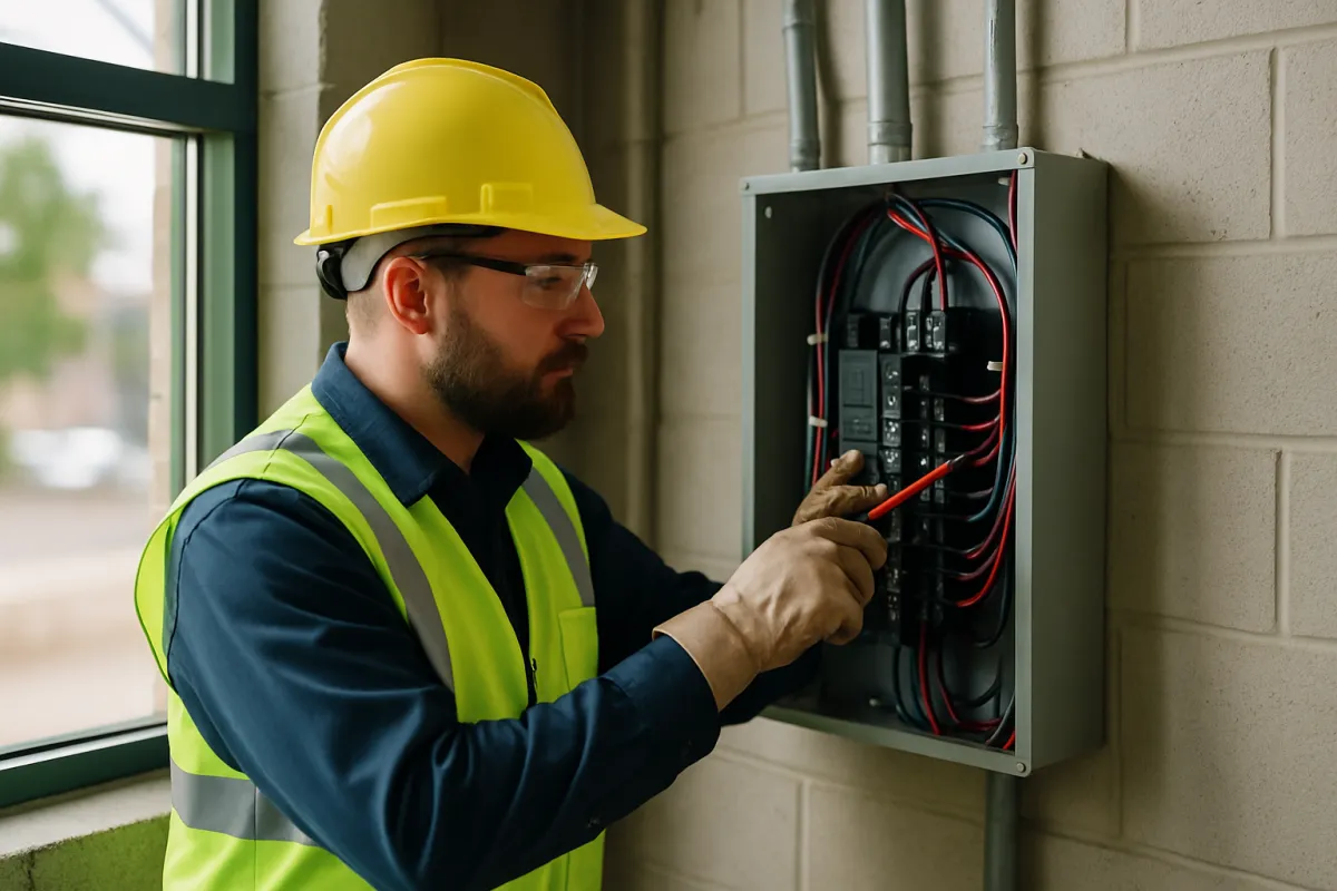 A licensed electrician from DMC Electric LLC working on a commercial electrical system in a Denver business setting.