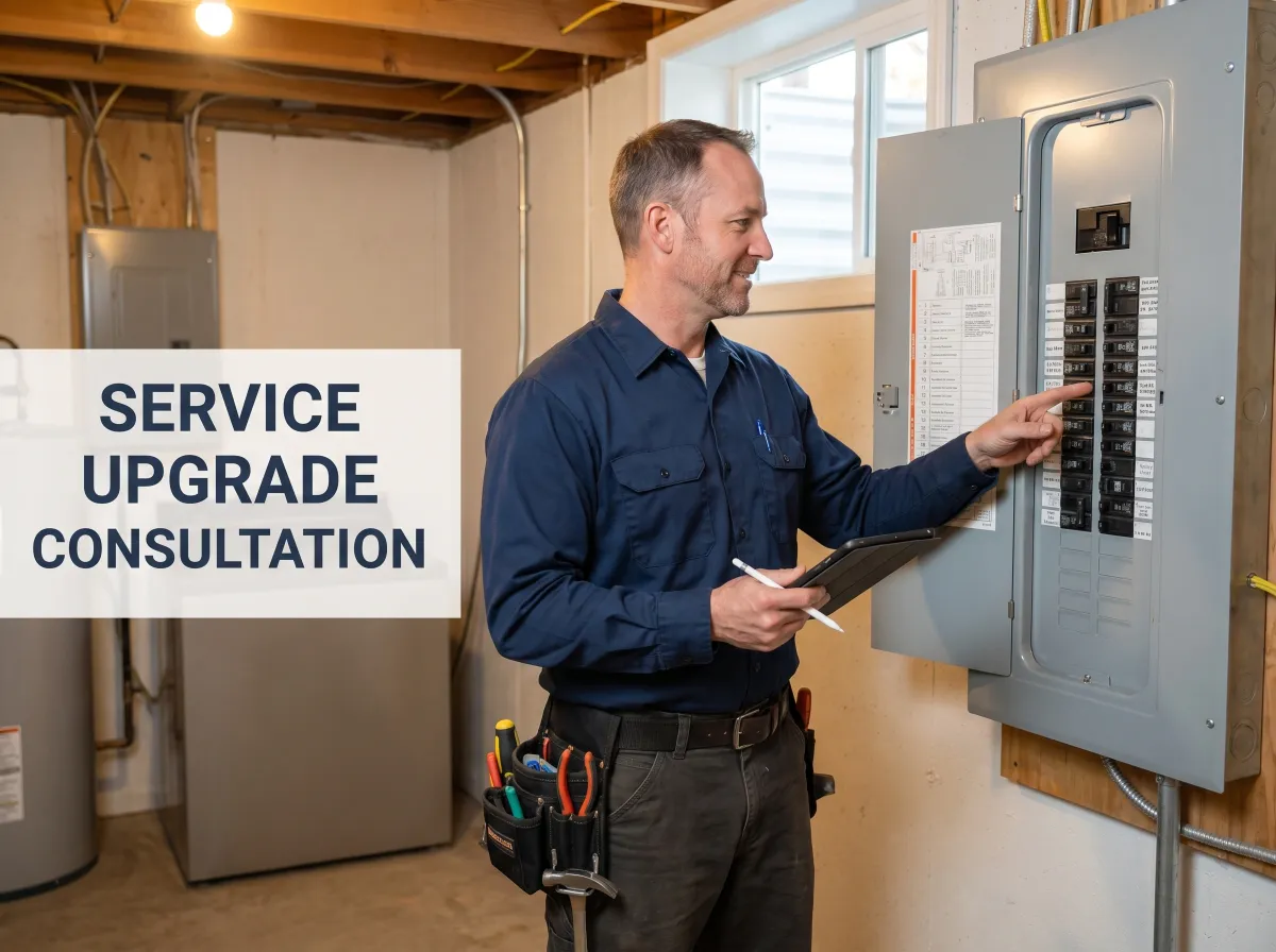 Electrician inspecting an outdated electrical panel in a home