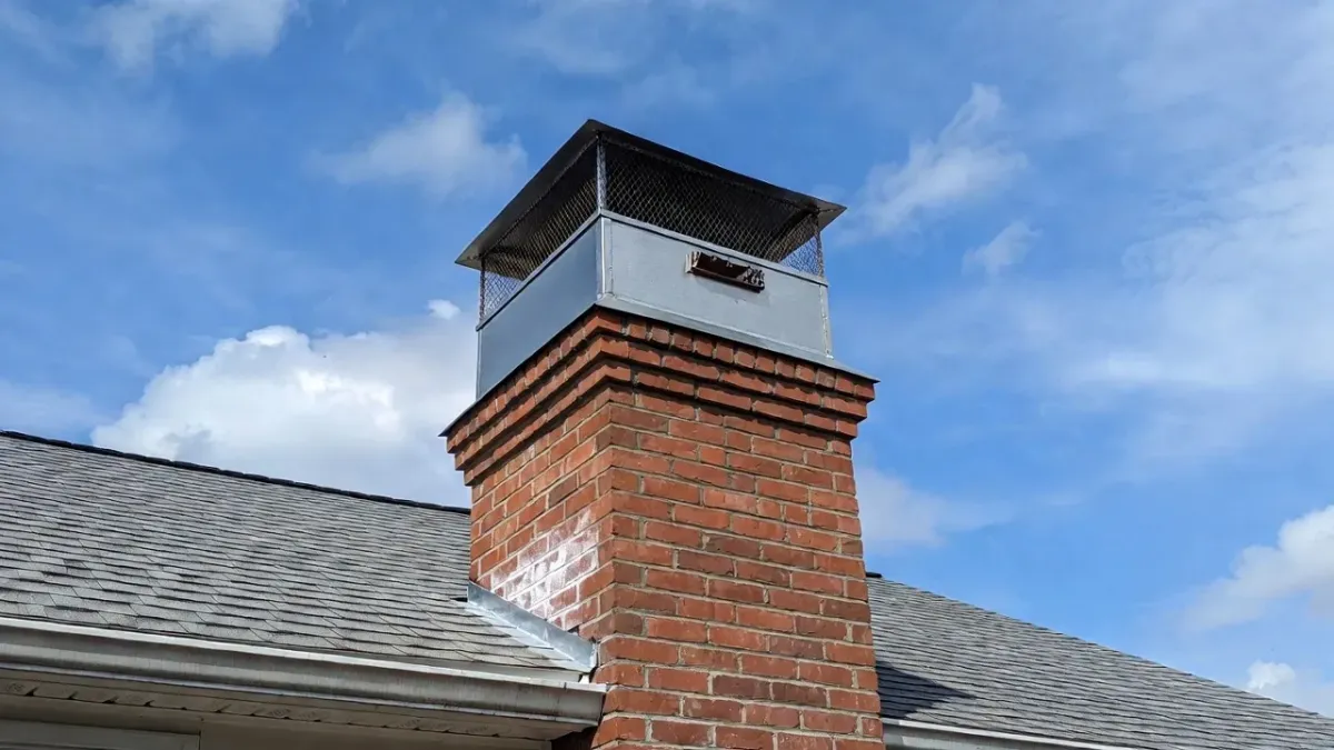 Chimney cap installation protecting the flue from rain, debris, and animals.
