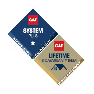 GAF System Plus and Lifetime Limited Warranty certification badges for roofing products.