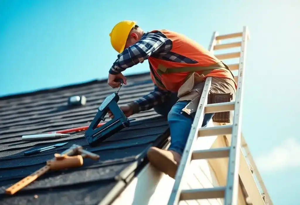 Team of roofers working on roof framing and tile installation for residential construction.