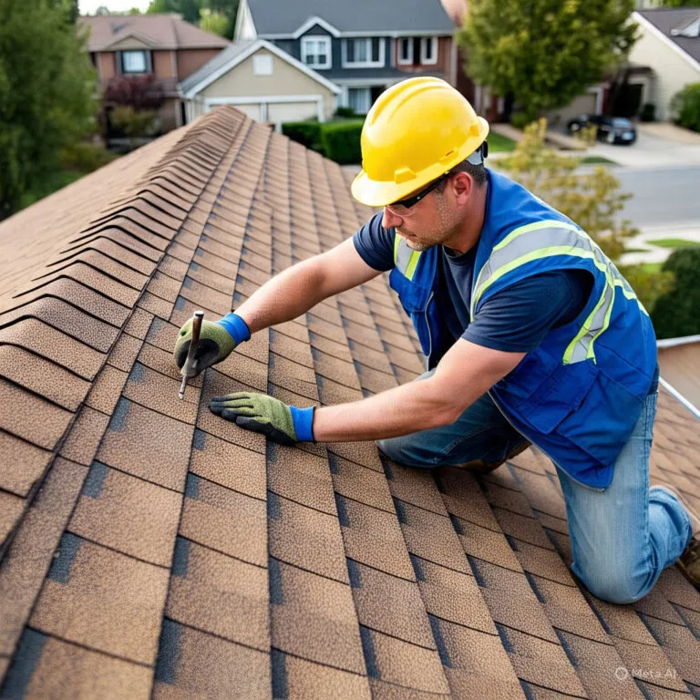Professional roofer installing dark metal roofing panels near a brick chimney on a residential home.