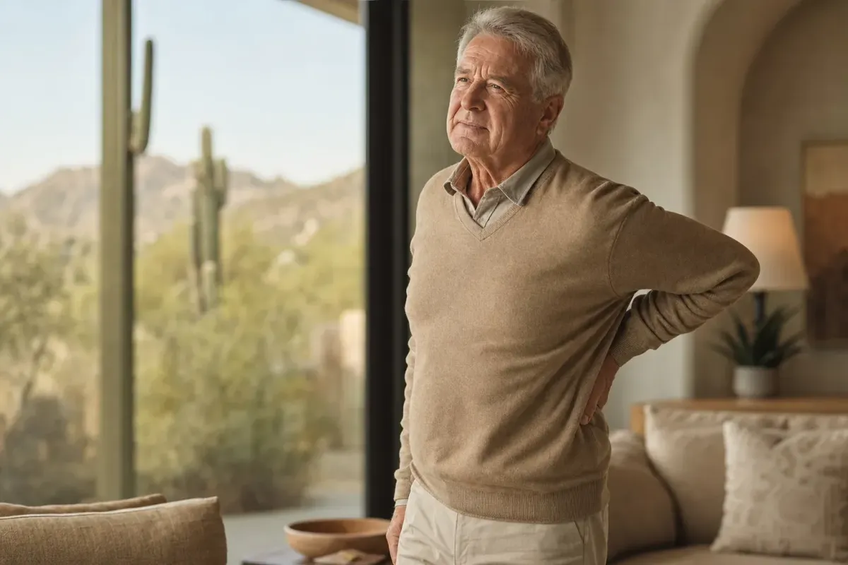 Older adult supporting the back, illustrating vertebral compression fracture and back pain in older age