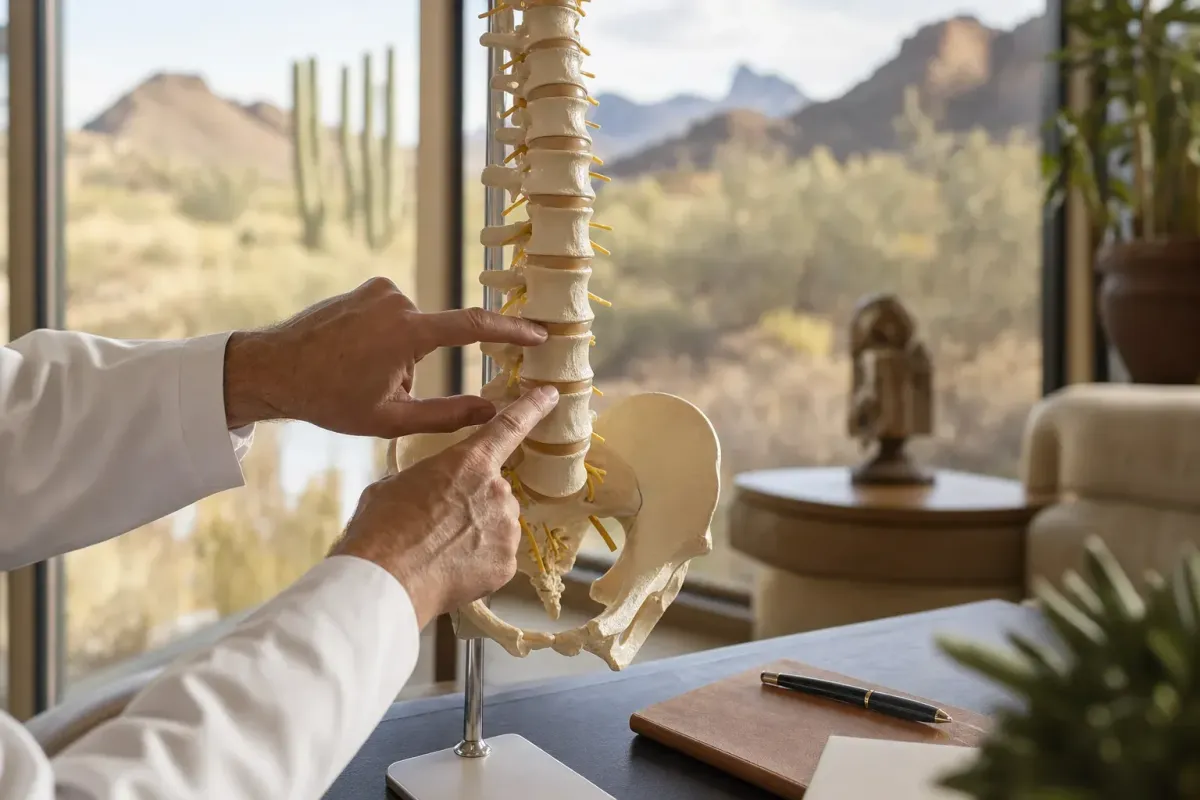 Clinician indicating the lumbar region on a spine model, illustrating the structural causes of lower back pain