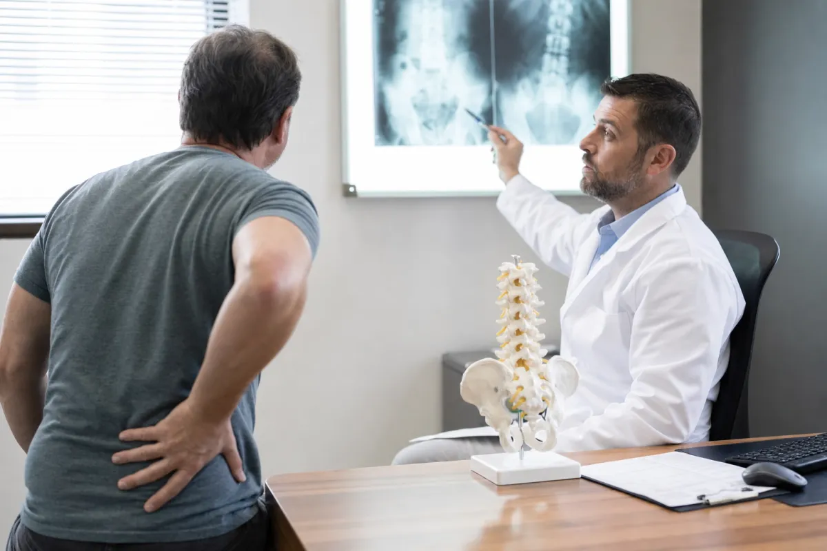 Spine surgeon and patient reviewing a lumbar spine X-ray and model during a consultation about lasting back pain