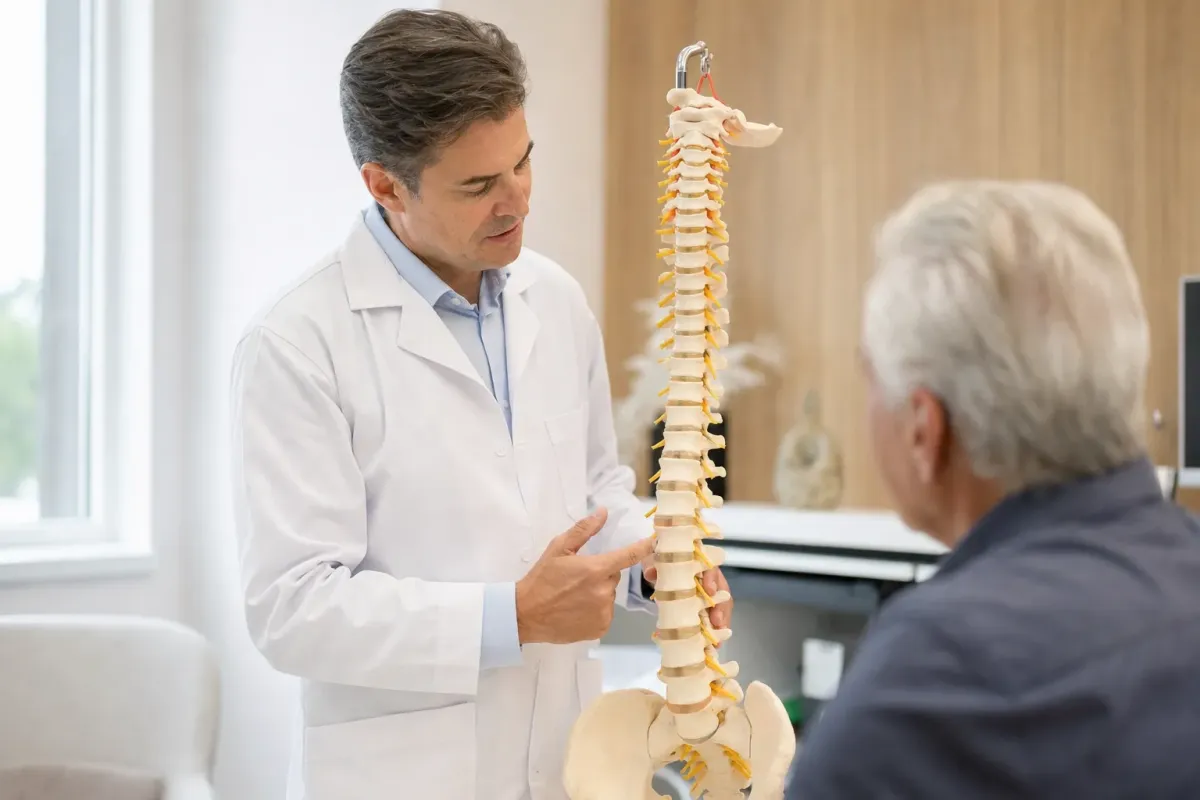 A spine surgeon pointing to the nerve roots on an anatomical spinal column model for a patient
