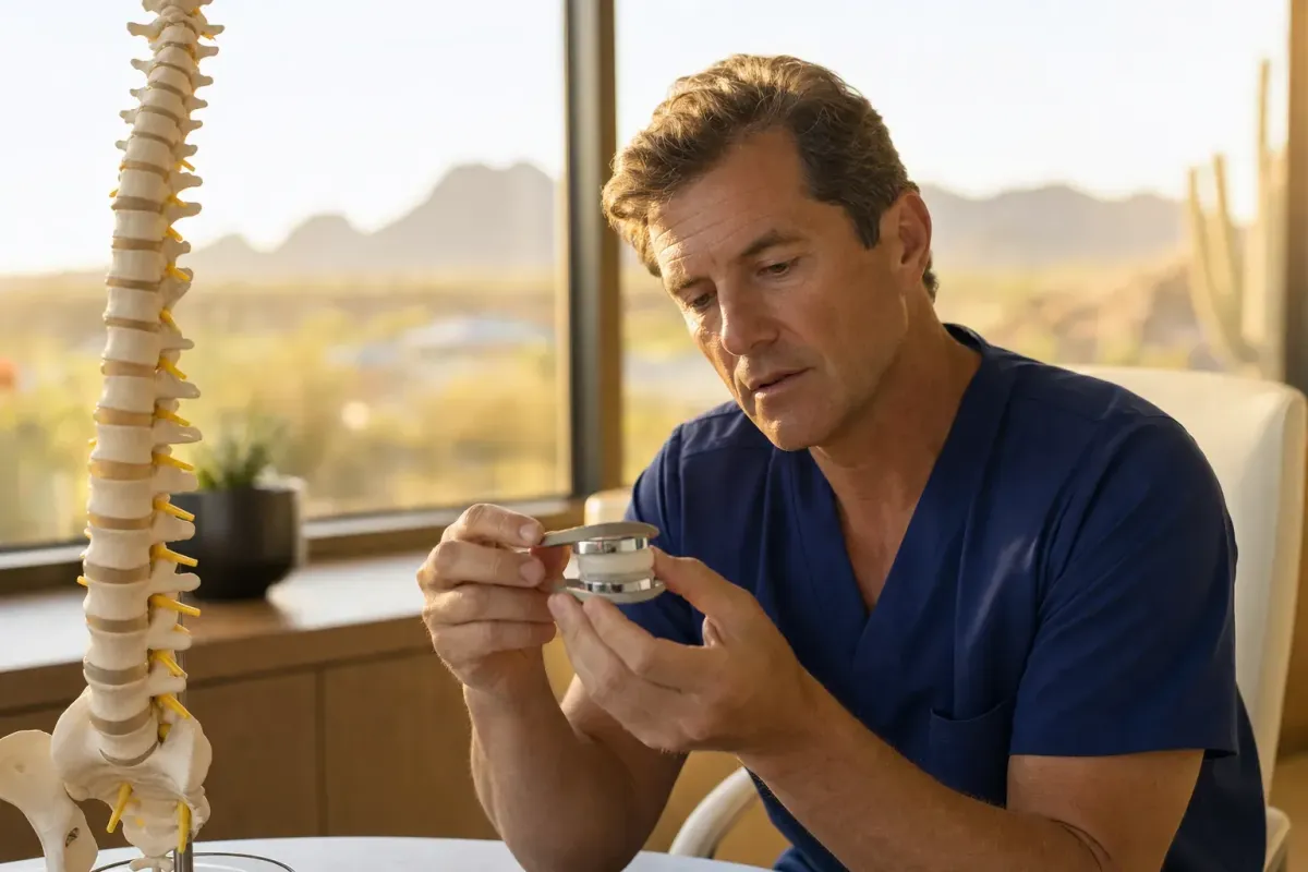 Surgeon examining a modern artificial spinal disc implant beside a spine model in a warm Phoenix office