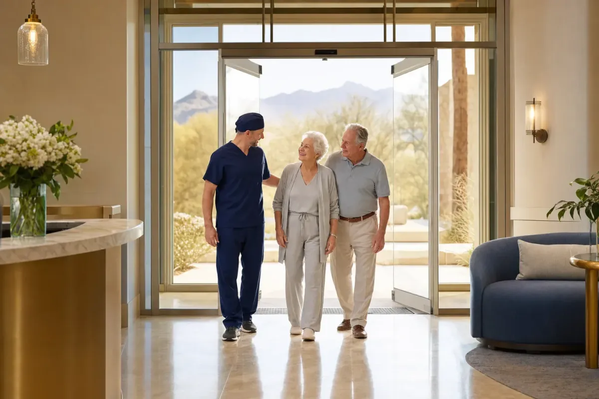 Patient walking out of a surgical facility the same day as spine surgery in warm Arizona light