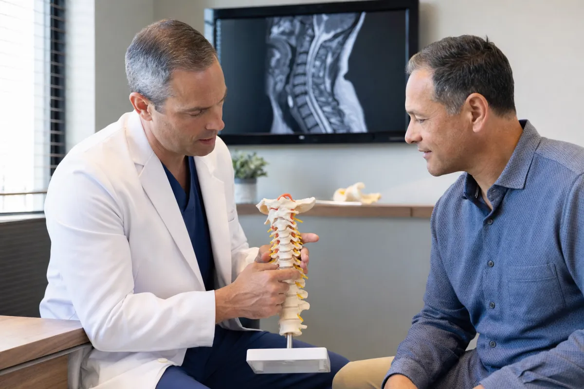 Spine surgeon showing a patient a cervical spine model while discussing ACDF and corpectomy options