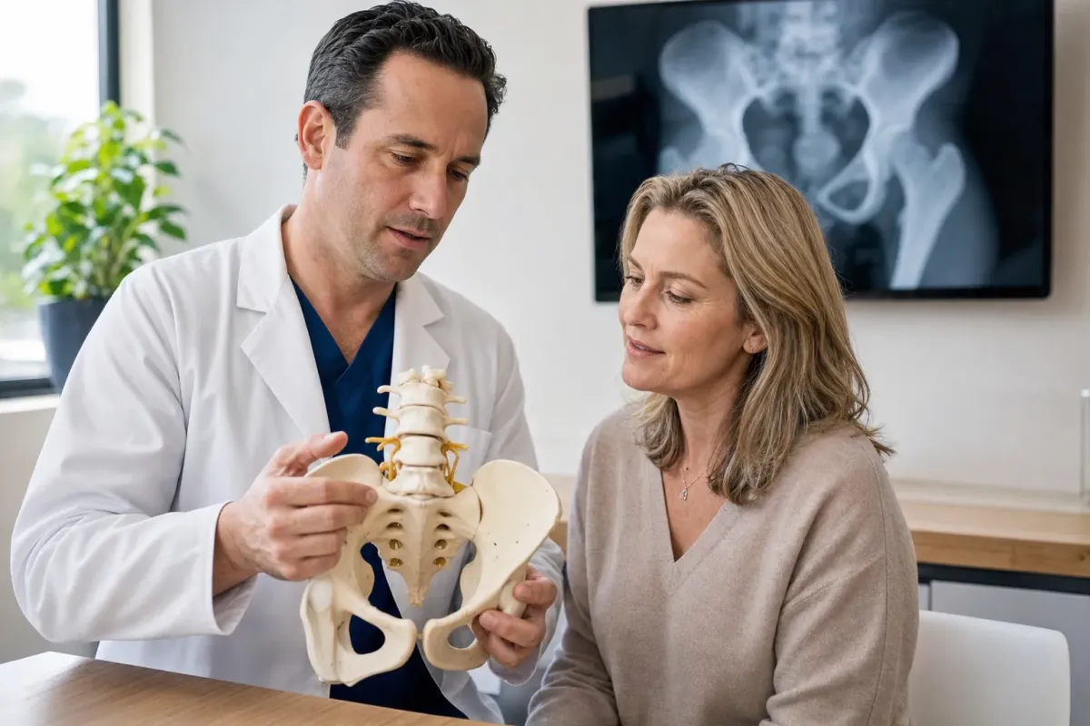 Spine surgeon showing a patient a pelvis and sacroiliac joint model during a consultation