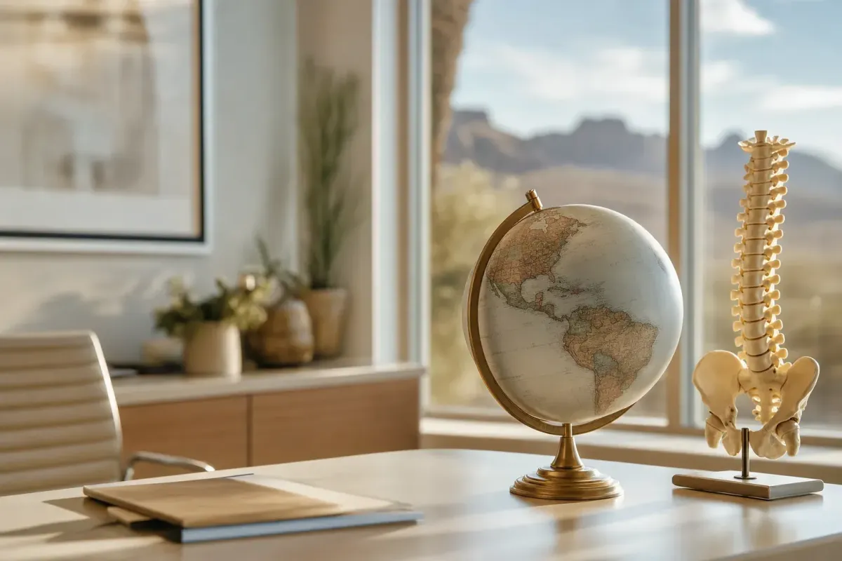 A world globe beside a spine model, illustrating the global burden of back pain worldwide