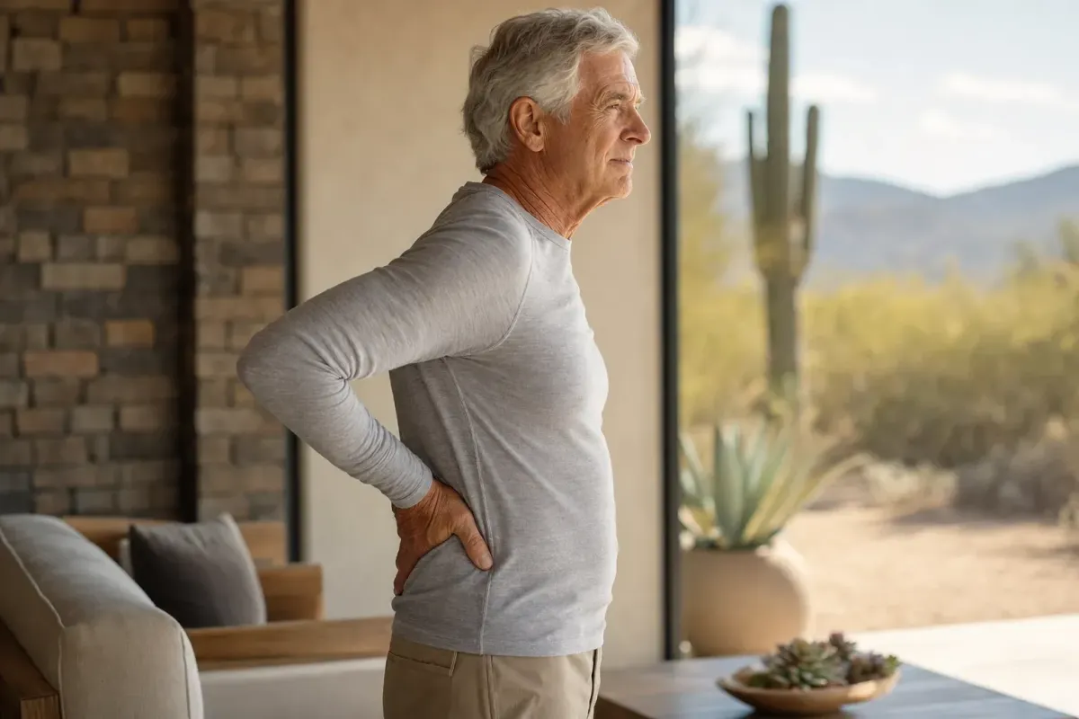 Older adult in profile with natural posture, illustrating adult degenerative scoliosis