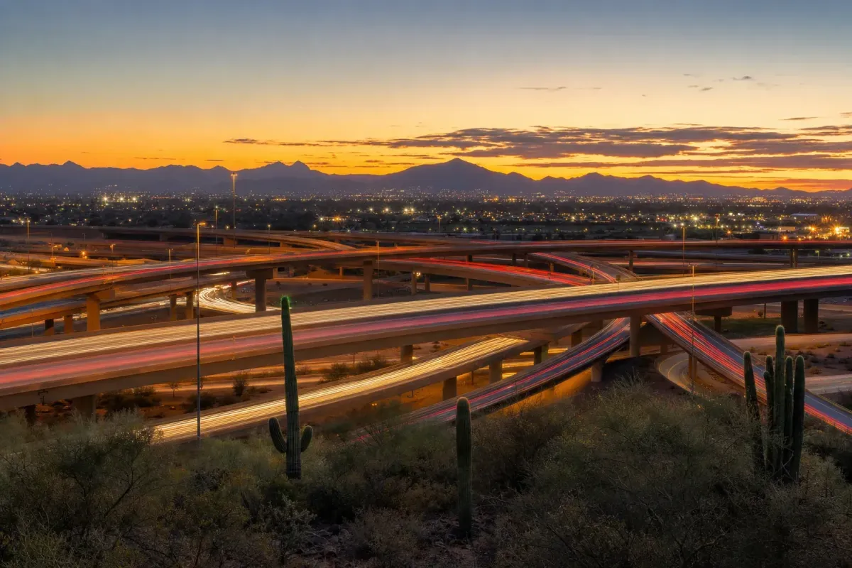 Phoenix freeway interchange at dusk representing Arizona statewide car accident volume
